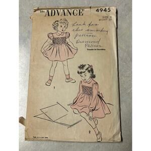 Vintage 1948 Advance Pattern‎ #4945 Toddler Girls Smocked Dress Size 4